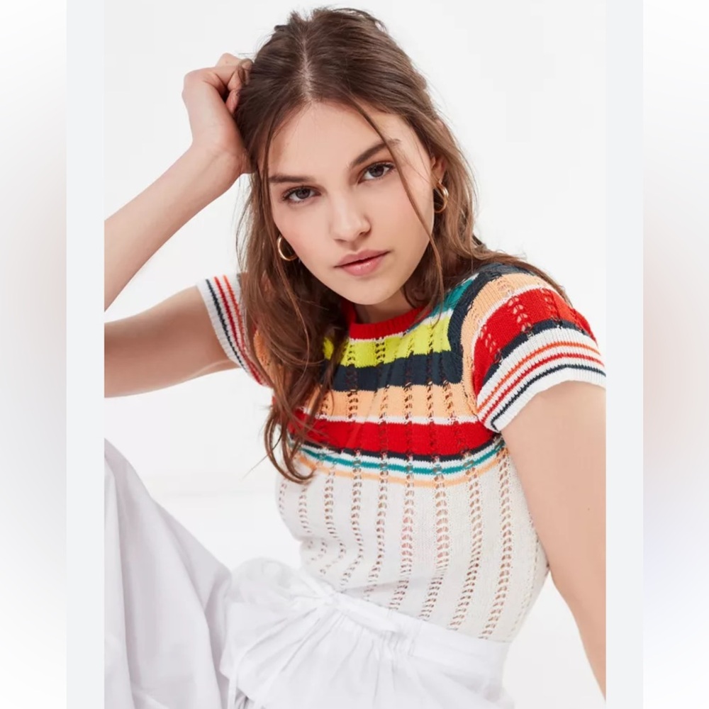 UO Angele Striped Pointelle Sweater Tee Women’s Size Medium